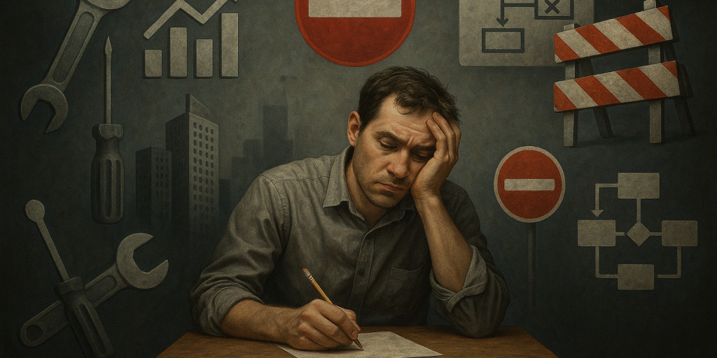A man sitting at a desk, head in hand, haunted by tools, data, skyscrapers, road blockades, and broken flow charts.