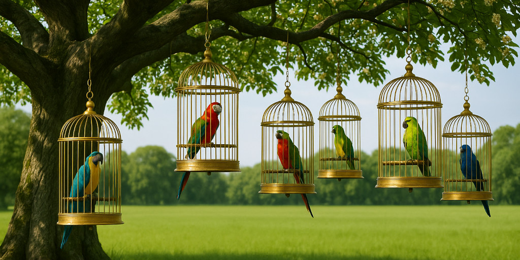 A large tree with thick branches, lush leaves, and sprouting flowers over a green field view. From the branches are hanging several golden birdcages, each containing one parrot of a random coloring.
