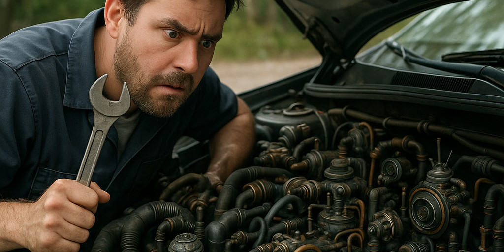 A car mechanic, holding an open-ended wrench of a common size, leaning in over the engine area under the open hood of an automobile, only to find that the inner workings are entirely composed of foreign looking gizmos and gadgets, none of which make any normal sense, and none of which would fit his trusty wrench.