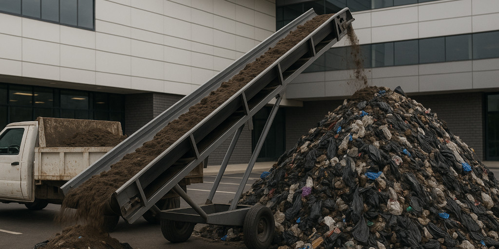 A steep incline conveyor belt in the parking lot of a commercial building, hauling trash up from a smaller pile to deposit it upon the top of a larger pile.