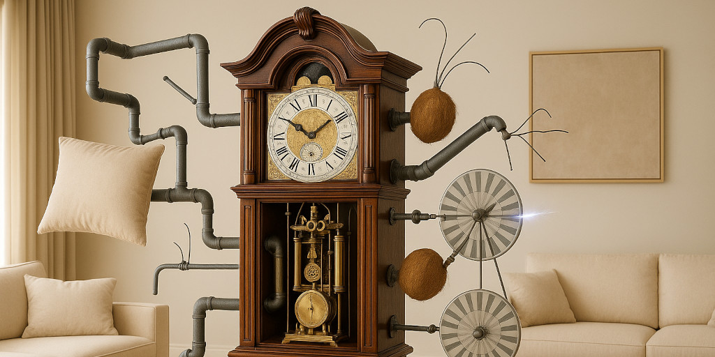 A grandfather clock now barely managing to retain its identity and function after having undergone multiple unnecessary and unsuccessful changes.