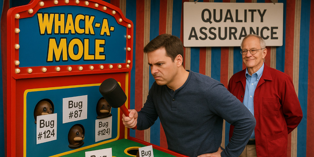The customer is playing Whack-a-Mole while the Quality Assurance professional looks on in amusement.