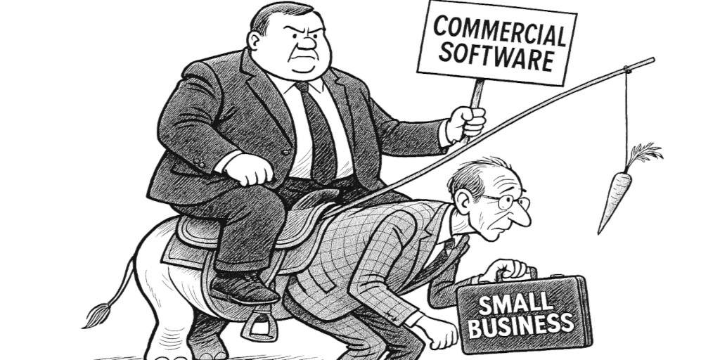 Commercial software as a larger man, riding in an elephant saddle on the back of a smaller man representing small business.