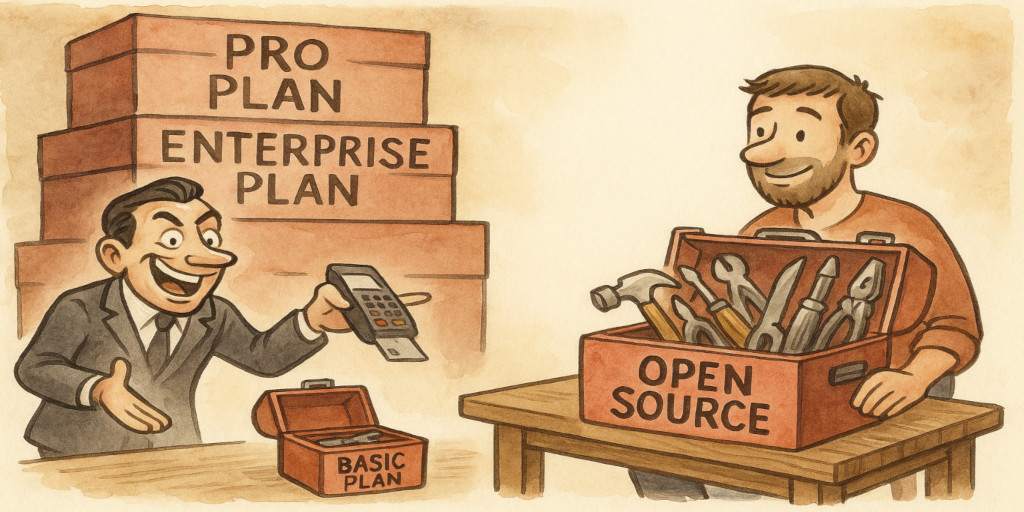 An agressive seller holding a credit card reader and offering only a basic package, while the open-source seller offers a box of tools at no charge.