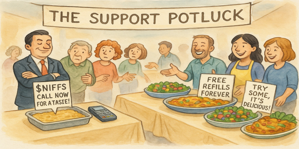 Two tables at the support potluck. At one table is a dish labeled $niffs, call now for a taste!. At the other table are several dishes having labels like free refills forever and try some, it's delicious.
