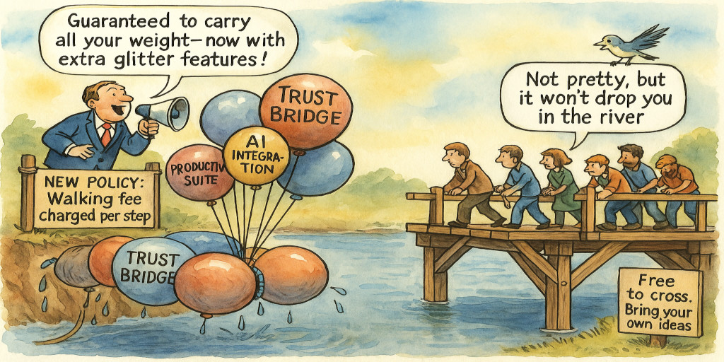 Two halves of a bridge designed to meet in the middle of the river. On the left is a bridge made of balloons and duct tape. Some of the ballons have titles like 'Trust Bridge', 'AI Features', and 'Productivity Suite'. A carnival-barker type of individual is standing at the left shore yelling through a megaphone: 'Guaranteed to carry all your weight - now with extra glitter features!'. The right bridge is much more plain, made of a general purpose wooden structure. Near the right bridge is a sign reading 'Free to cross. Bring your own ideas.'. Over the right bridge, the caption of a female passer reads 'Not pretty, but it won't drop you in the river.'