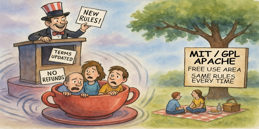 On the left, a wild teacup carnival ride being operated by a vendor holding and posting signs that read 'New Rules!', 'Terms Updated', and 'No Refunds', while on the right, a couple is having a nice, quite picnic near a tree where a sign is posted reading 'MIT / GPL, APACHE. Free use area. Same rules every time.'