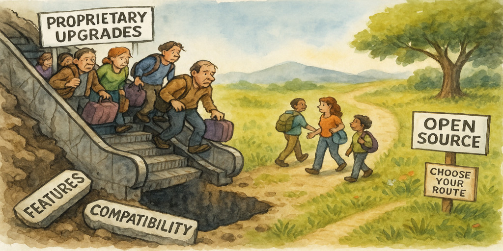 On the left, an escalator with a sign across reading 'Proprietary Upgrades', with discarded signs at the bottom reading 'Features' and 'Compatibility', and carrying a number of weary passengers trying to exit. On the right, a meadow with open paths, along which are posted the signs 'Open Source' and 'Choose your Route'.