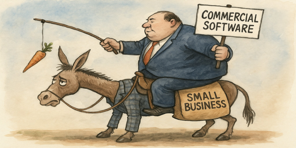 Commercial software as a larger man, riding in an elephant saddle on the back of a smaller man representing small business.