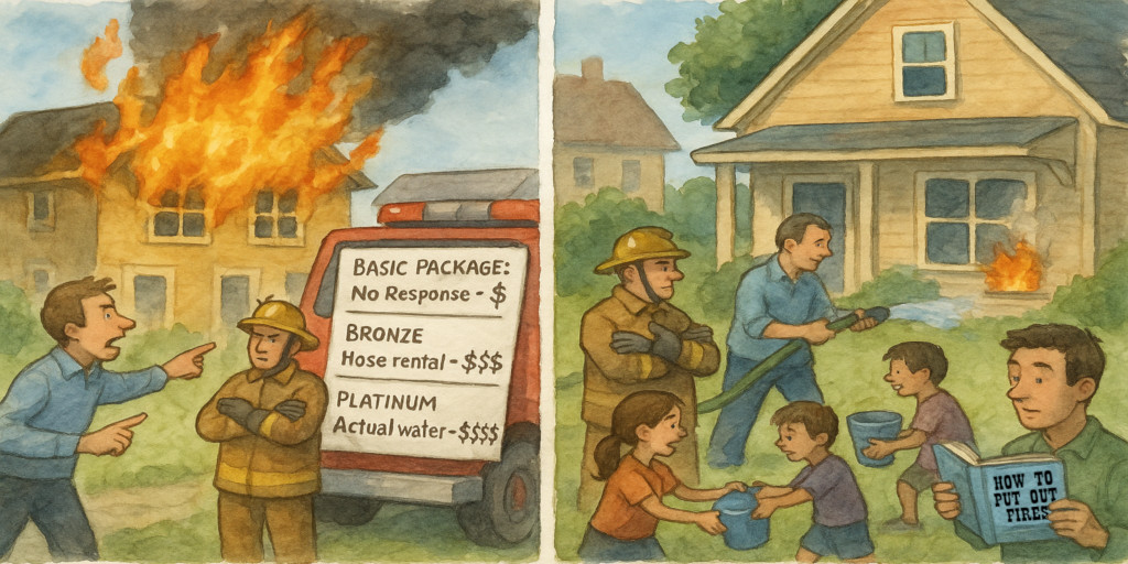 On the left side, depicting proprietary technology SLA behavior, a house is clearly on fire. The firetruck is parked outside, but the firefighters are standing around with their arms crossed. A giant price list is posted on the side of the truck: 'Basic Package: No Response - $. Bronze: Hose rental - $$$. Platinum: Actual water - $$$$.'. The homeowner is frantically pointing at the flames while the firefighters calmly gesture to the menu board. On the right side, another house has a small kitchen fire. Here, the neighbors are already working together, where one spraying water from a garden hose, another is handing over a bucket, kids are forming a bucket brigade, and someone else is reading aloud from a visible 'How to Put Out Fires' manual. The scene is collaborative, resourceful, and effective, even without fancy gear.