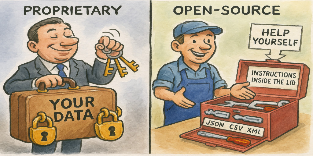 On the left side is a businessman proudly holding a giant suitcase labeled 'Your Data' but it's sealed shut with absurdly oversized padlocks. He jingles a key chain that only has fake decorative keys. On the right side, depicting open-source, a cheerful mechanic has a wide-open toolbox with all the tools neatly labeled 'JSON, CSV, XML, APIs'. Signs read 'Help yourself' and 'Instructions inside the lid'.