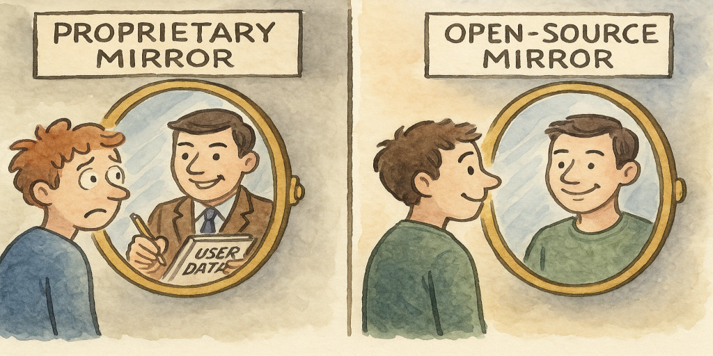 On the left side is a character looking into a gleaming 'Proprietary Mirror'. Instead of his own reflection, the mirror is showing a salesperson jotting down his every move into a notebook labeled 'User Data'. Meanwhile, the main character looks baffled. On the right side, another character gazes into an 'Open-Source Mirror' and sees himself, smiling, free, no-one else lurking in the glass.