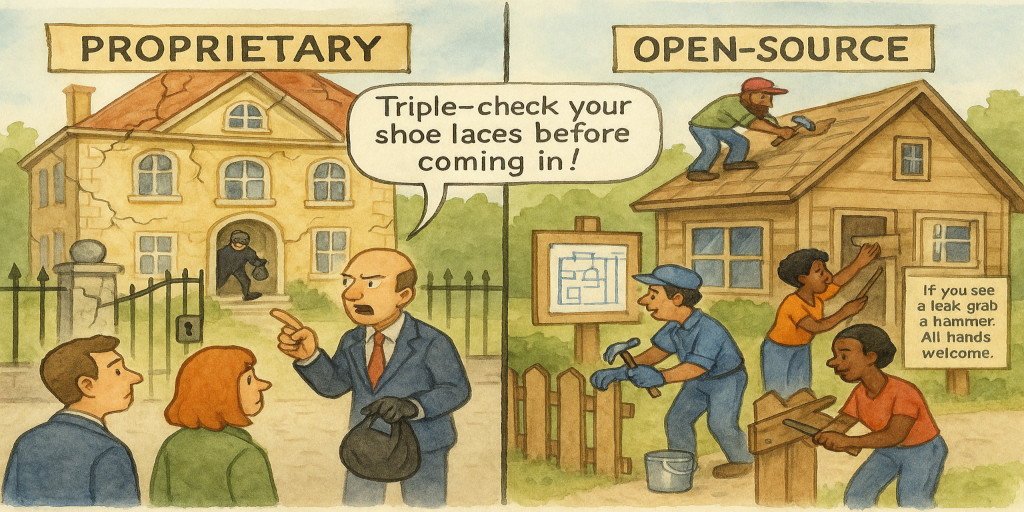 On the left, the 'proprietary' house looks like a grand, polished mansion with high walls and a locked gate. But the walls are cracked, the gate is ajar, and a burglar dressed in black is quietly walking out the front door with valuables in hand. Meanwhile, the owner, who is coincidentally wearing a black glove and holding a black bag, is scolding the guests lined up outside with 'Triple-check your shoe laces before coming in!'. On the right, the 'open-source' house is a modest cottage with large windows and its blueprints pinned to a noticeboard out front. A diverse group of neighbors is gathered around, painting the fence, fixing the roof, and nailing boards over gaps. A sign by the door reads 
If you see a leak, grab a hammer. All hands welcome.'.