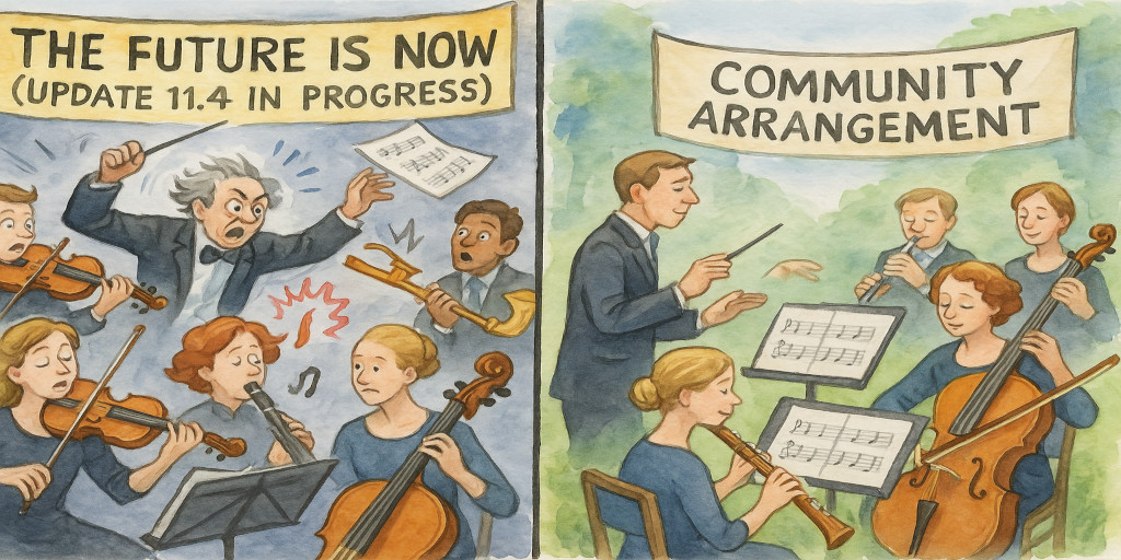 On the left side, an 'orchestra' where chaos reigns. The conductor waves erratically, sheet music is being swapped mid-performance, a violin bursts into jazz while the cellist receives a new instrument mid-bar. Some players look confused, others frozen mid-note. Above them, a proud banner reads 'The Future Is Now (Update 11.4 in Progress)'. On the right, an open-air ensemble of musicians, each tuning carefully, exchanging nods, following a consistent single score under the shared banner 'Community Arrangement'. Their music is harmonious, deliberate, and flowing.