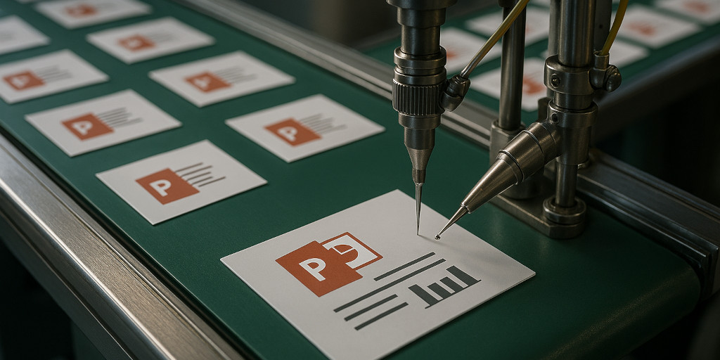 PowerPoint cards on a velvet-padded assembly line, being managed by automated mechanical pencil and sewing machine needle tools.