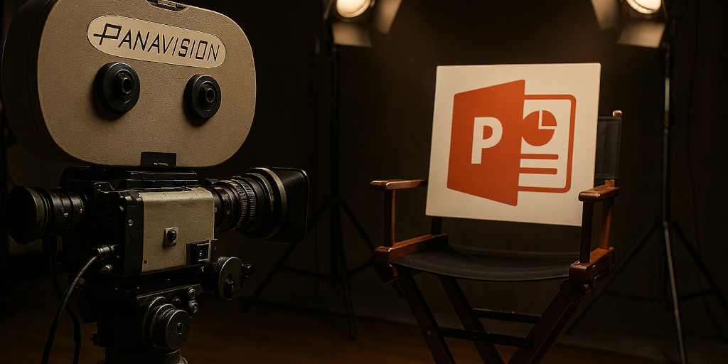 An old Panavision film camera focuses upon a custom representation of a PowerPoint logo, as it sits in a tall bar chair upon the stage, and under the lights of the studio.
