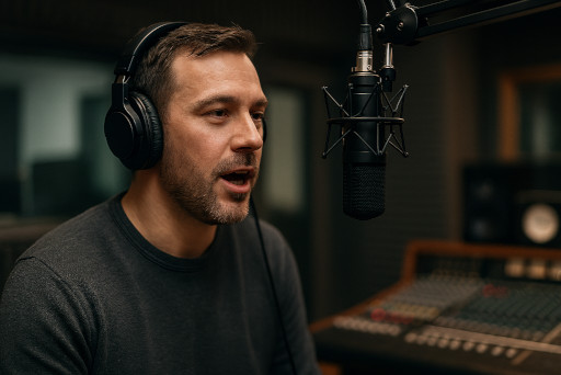A man speaking into a microphone in a sound studio.