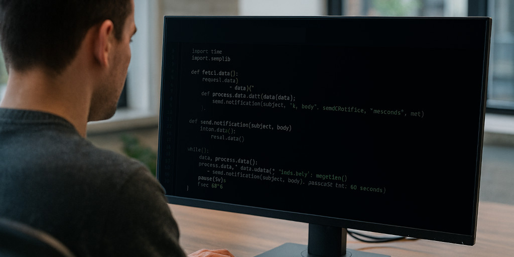 View over the shoulder of a software developer working on an automation script.
