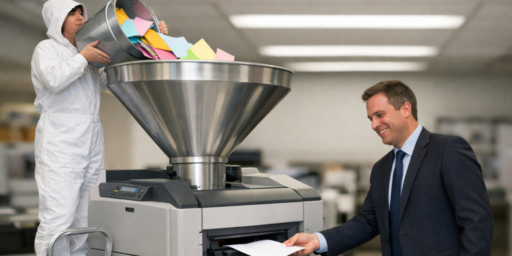 A person in a white jumpsuit, standing on a step-stool and pouring a pale of different colored, letter-sized pages into the top of a large, silvery funnel that is connected to the top of a laser printer, where another person is standing on the ground in a business suit, smiling, receiving a single white page from the output tray on the front of the unit.