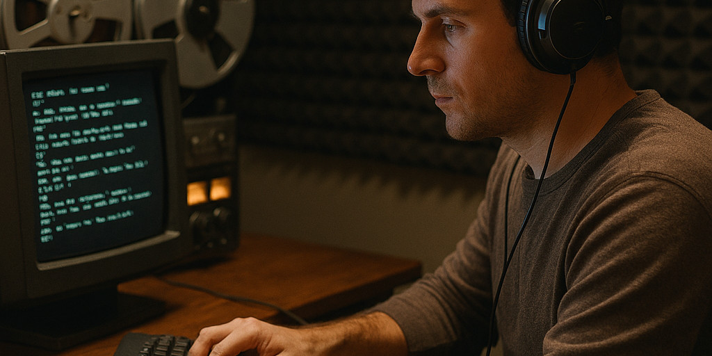 A worker at a desk in a sound studio listening to a reel-to-reel tape recorder and entering text into a PC terminal.