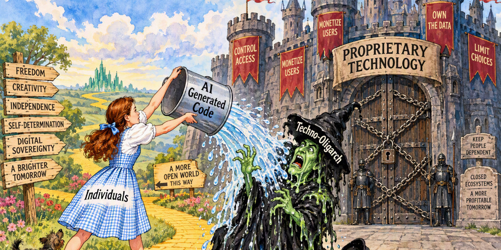 Editorial style watercolor cartoon depicting Dorothy, as the individual, throwing a pale of water, titled 'AI Generated Code', upon the wicked witch of the west, who is titled 'Techno-Oligarch', while they stand in front of a barricaded castle labeled 'Proprietary Technology', with the banners 'Control Access', 'Monetize Users', 'Own the Data', and 'Limit Choices', and with the plaques 'Keep People Dependent', 'Closed Ecosystems', and 'A More Profitable Tomorrow'. Meanwhile signs along the yellow brick road read 'Freedom', 'Creativity', 'Independence', 'Self-Determination', 'Digital Sovereignty', 'A Brighter Tomorrow', and 'A More Open World This Way'.