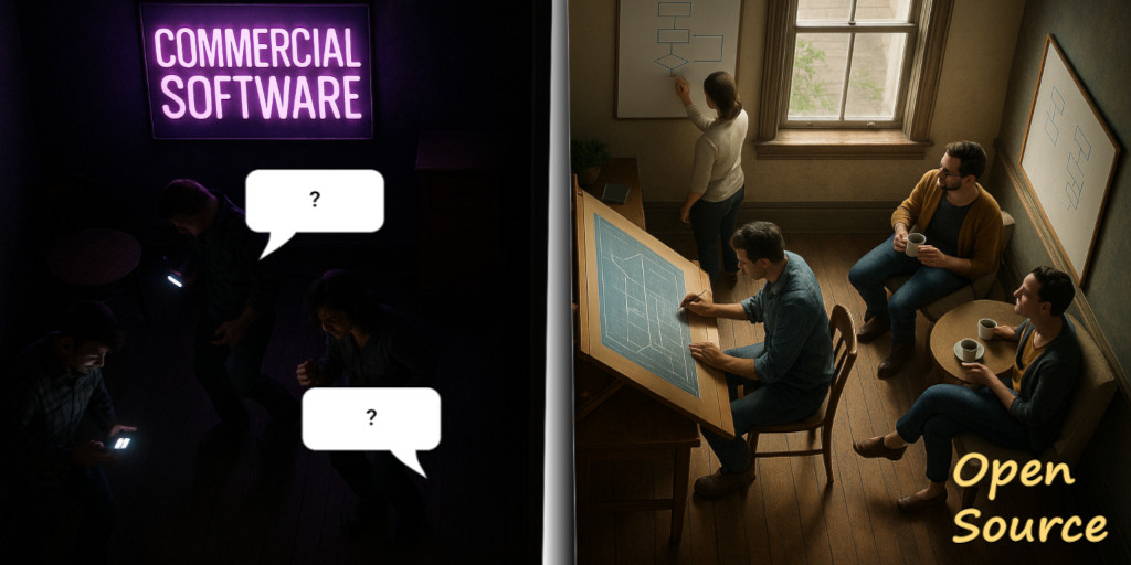 Top-down view of two rooms. One room is dark and people have to use their phones as flashlights. On the wall is a pink and purple neon sign titled Commercial Software. The other room is well-lit, and people are working collaboratively there on projects. A text overlay identifies that room as Open Source.