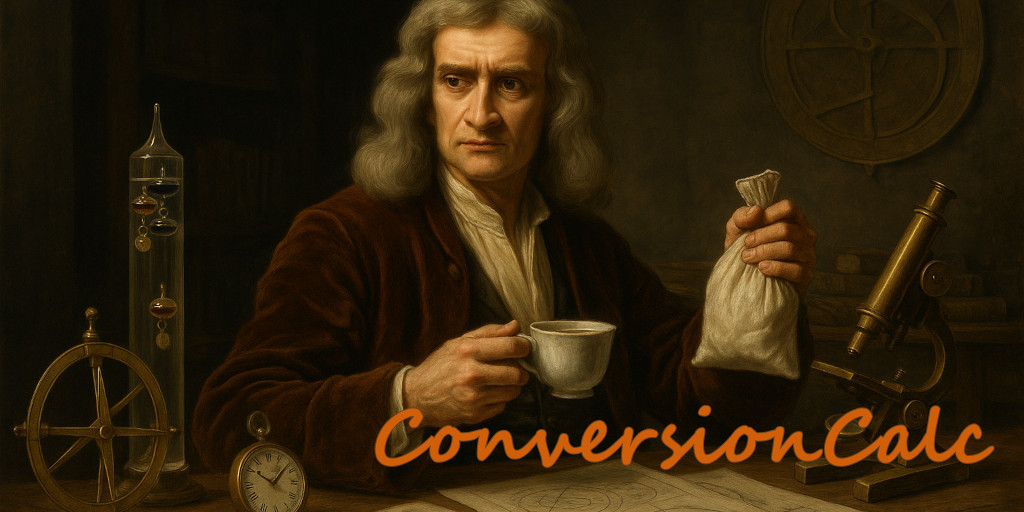 Isaac Newton, in his workshop, comparing a bag of flour with a teacup.