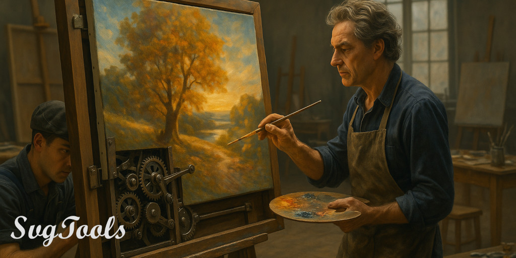 An artist painting upon a canvas while a technician works on the underlying mechanics of the canvas behind the scenes.
